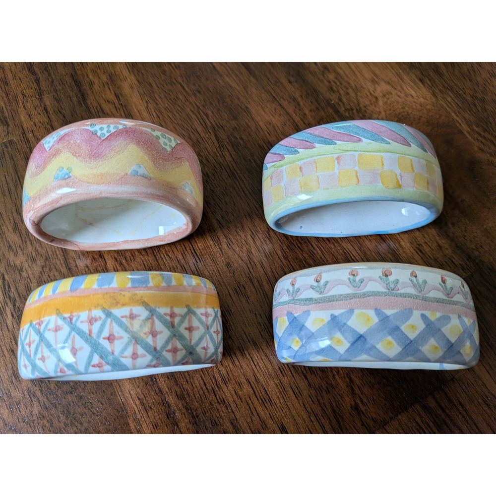 Rare MacKenzie-Childs Victoria and Richard 1992 Napkin Rings Set of 4 Pastel
